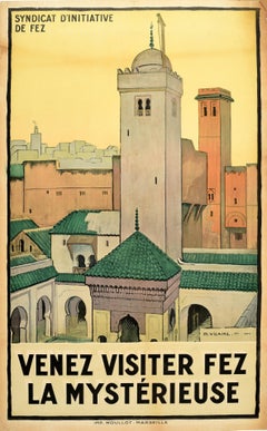 Poster di viaggio originale d'epoca Fez Marocco Nord Africa Città misteriosa Vicaire