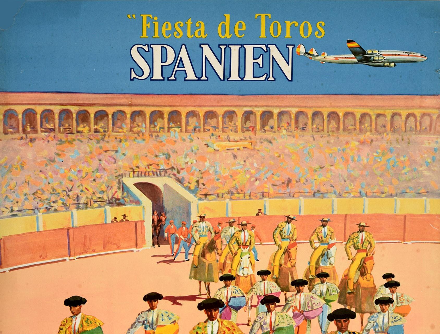 Original Vintage Travel Poster Fiesta De Toros Spain Bull Fight Iberia Airline - Print by Unknown
