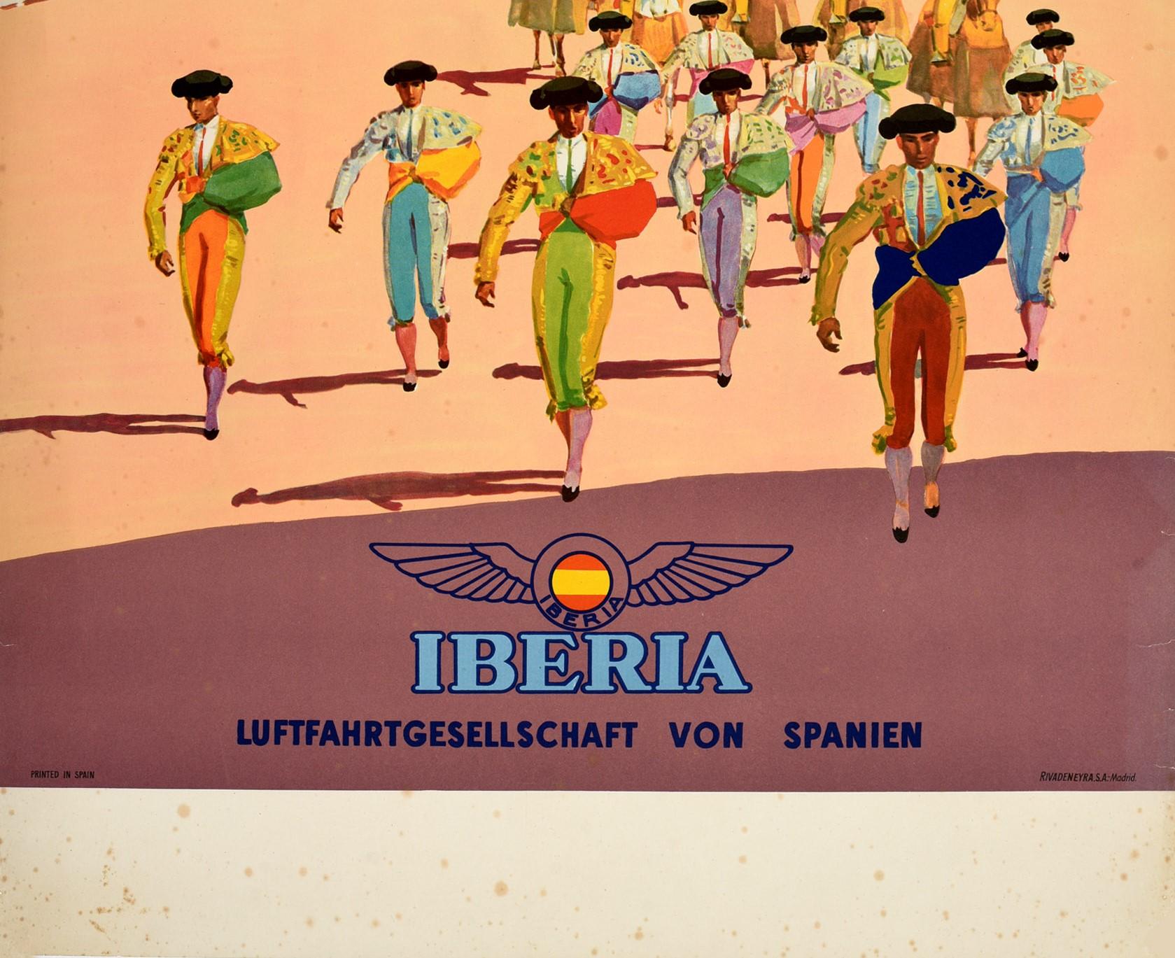 Original Vintage Travel Poster Fiesta De Toros Spain Bull Fight Iberia Airline - Beige Print by Unknown