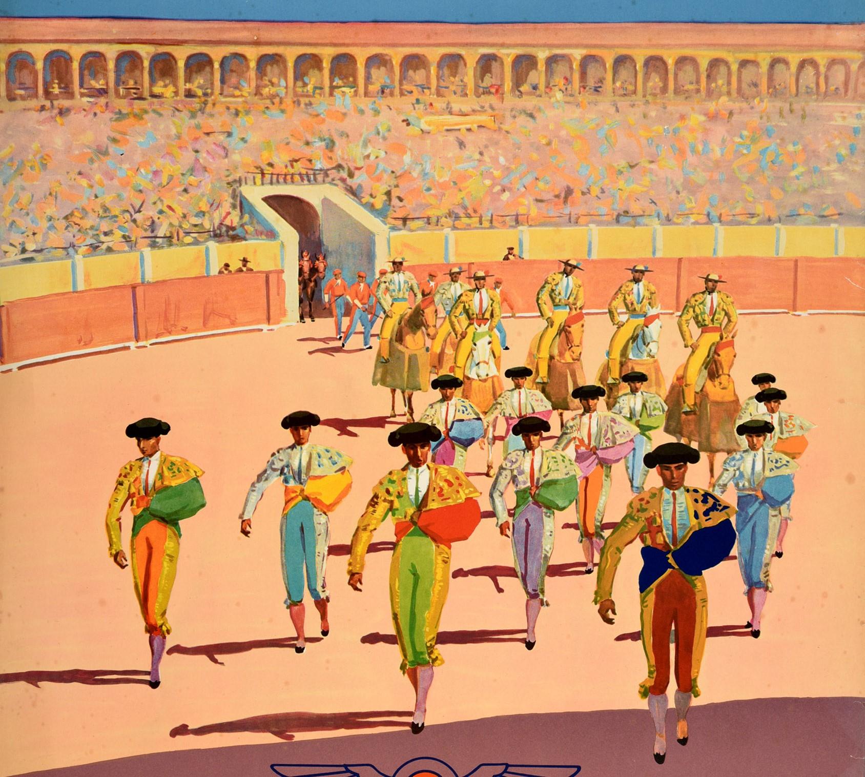Original vintage travel poster issued by Iberia - Fiesta de Toros Spanien / Bullfighting Spain - featuring great artwork showing the toreros or bullfighters wearing traditional colourful costumes walking into a bullring arena in front of picadores