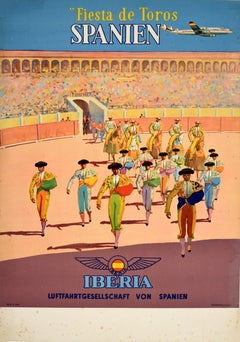 Original Vintage Travel Poster Fiesta De Toros Spain Bull Fight Iberia Airline