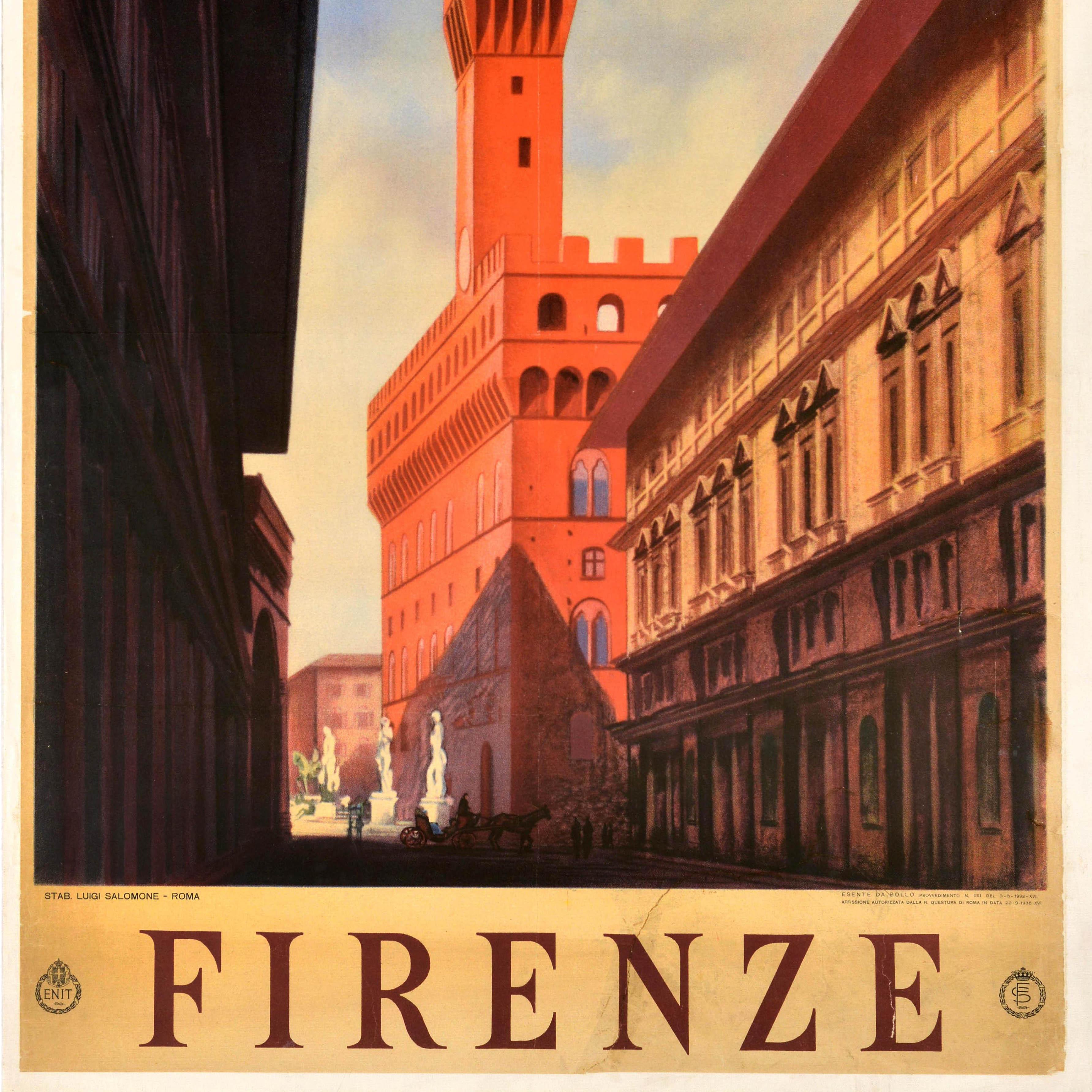 Originale manifesto di viaggio d'epoca che promuove Firenze, nella regione Toscana, rinomata per l'arte e l'architettura rinascimentale, con un grande disegno che raffigura una vista panoramica di Palazzo Vecchio, la torre del municipio in Piazza