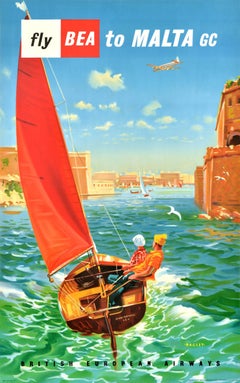 Affiche de voyage vintage d'origine Fly BEA à Malte, voilier de Valetta Grand Harbour