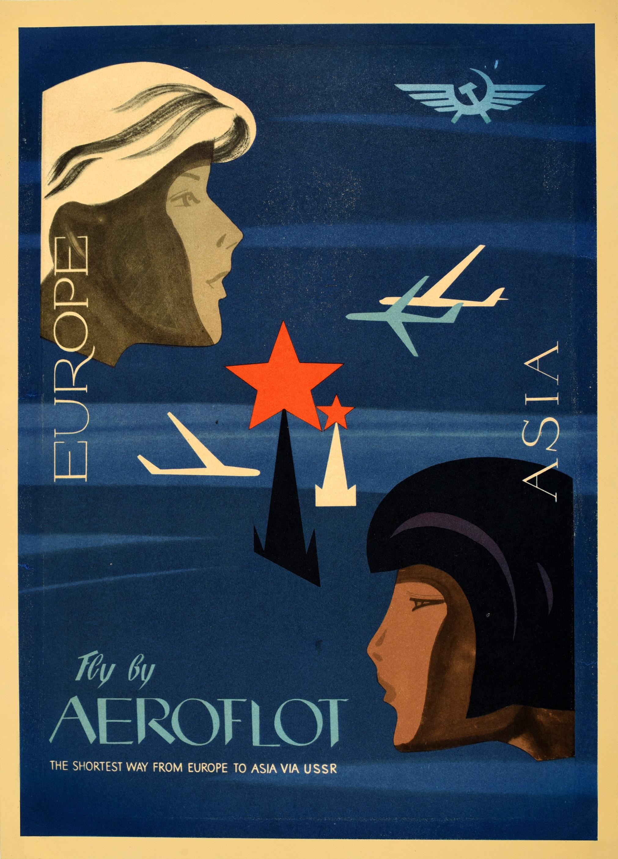Unknown Print - Original Vintage Travel Poster Fly By Aeroflot Europe Asia Midcentury Modern Art