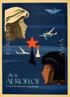 Original Retro Travel Poster Fly By Aeroflot Europe Asia Midcentury Modern Art