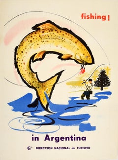 Original Vintage Travel Poster Fliegenfischen Argentinien Tourismus Forellenfischer