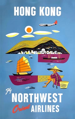 Original Vintage Travel Poster - Fly Northwest Airlines Hong Kong C1952