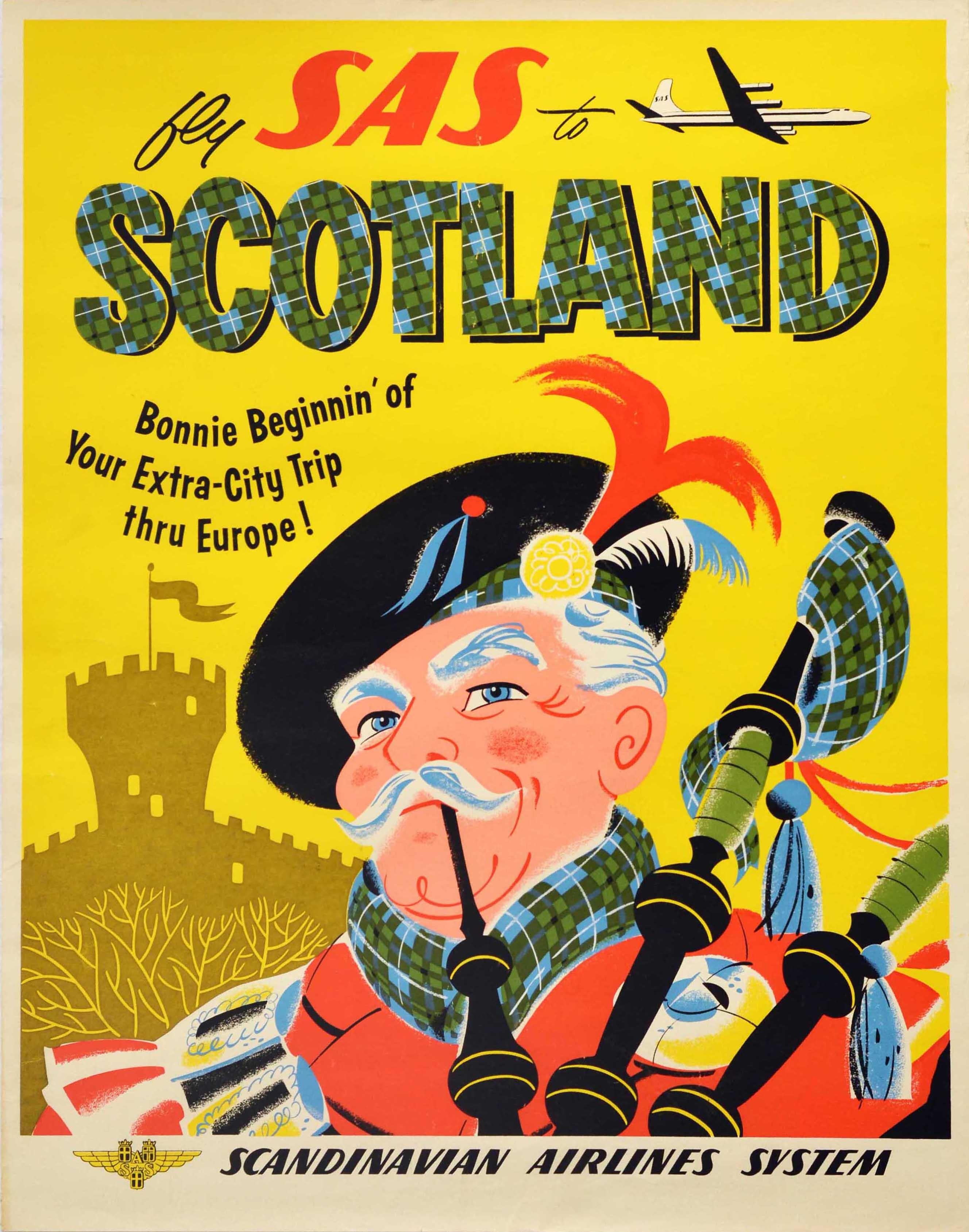 Unknown Print - Original Vintage Travel Poster Fly SAS To Scotland Bonnie Beginnin' Thru Europe