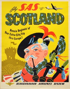 Original Used Travel Poster Fly SAS To Scotland Bonnie Beginnin' Thru Europe