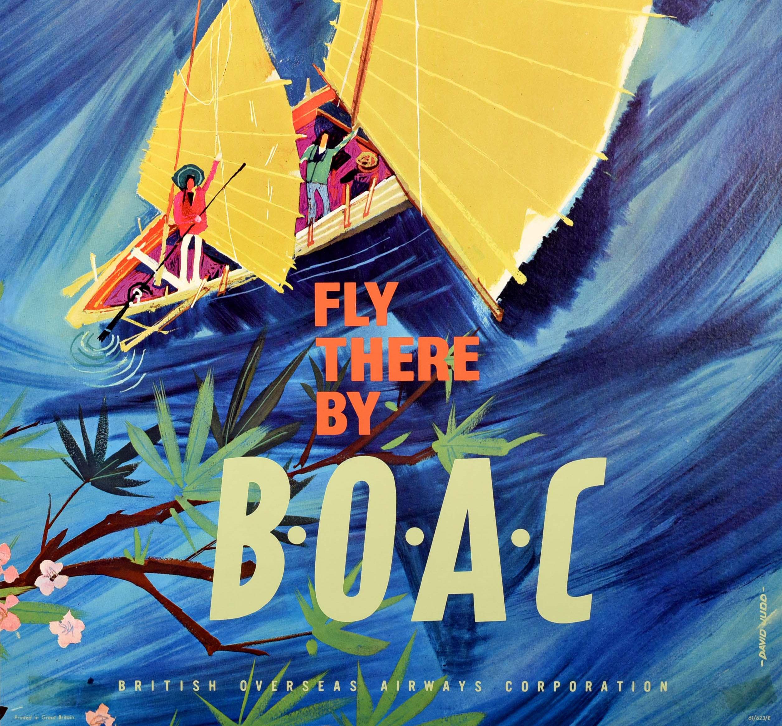 Original vintage poster advertising travel to the Orient / Asia - Fly There By BOAC. Colourful image of people waving from a traditional Hong Kong style junk boat in full sail against a sweeping blue background with pink flowers on a branch behind