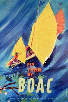 Affiche rtro originale de voyage Fly There par BOAC Airline, Asie d'Extrme-Orient, Bateau Junk