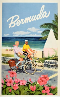 Original Vintage Travel Poster For Bermuda Ft. Flowers Cycling Sandy Beach View