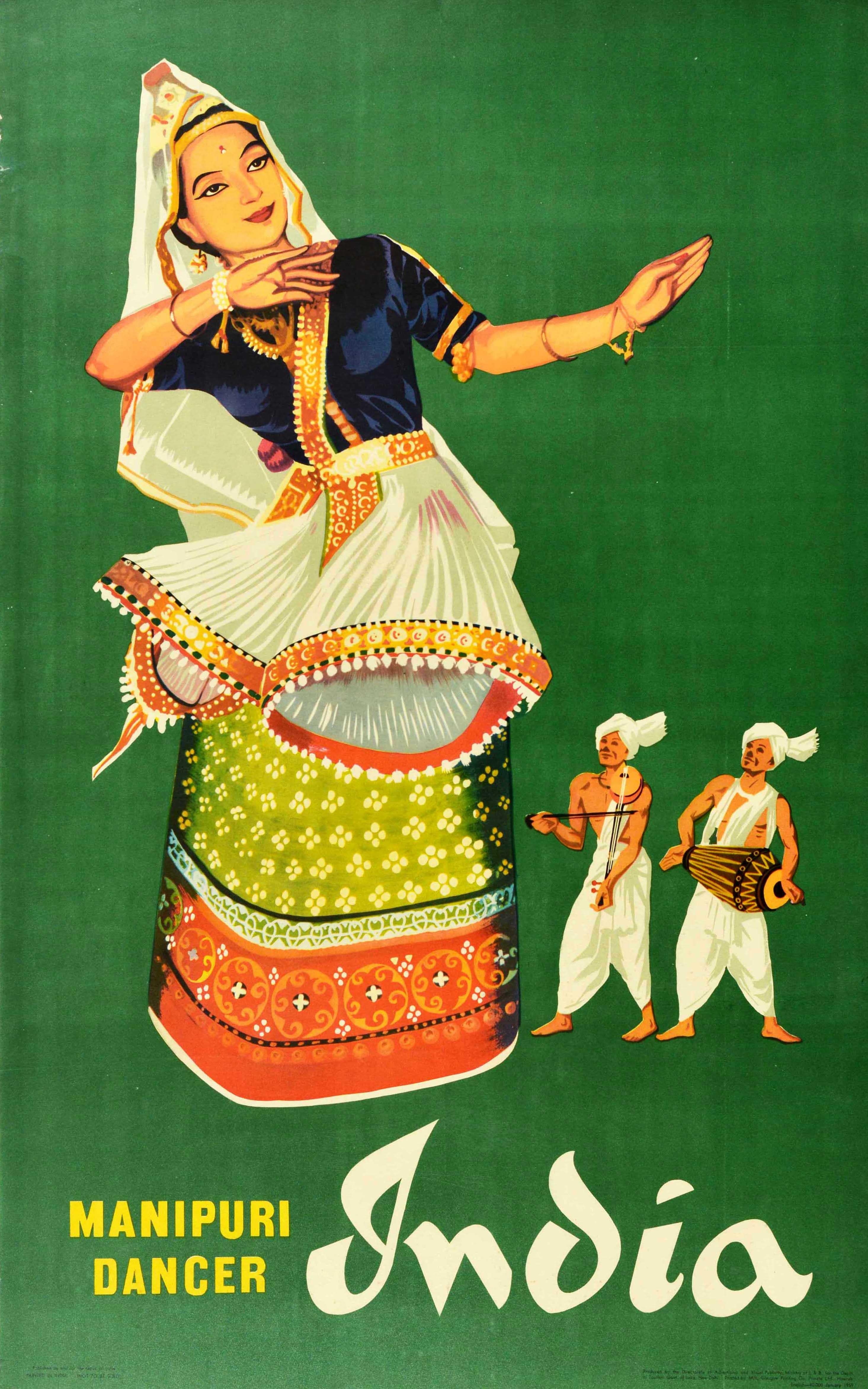 Unknown Print - Original Vintage Travel Poster For India Manipuri Dancer And Musicians Artwork