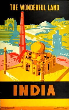 Original Vintage Travel Poster For India The Wonderful Land Taj Mahal Qutb Minar