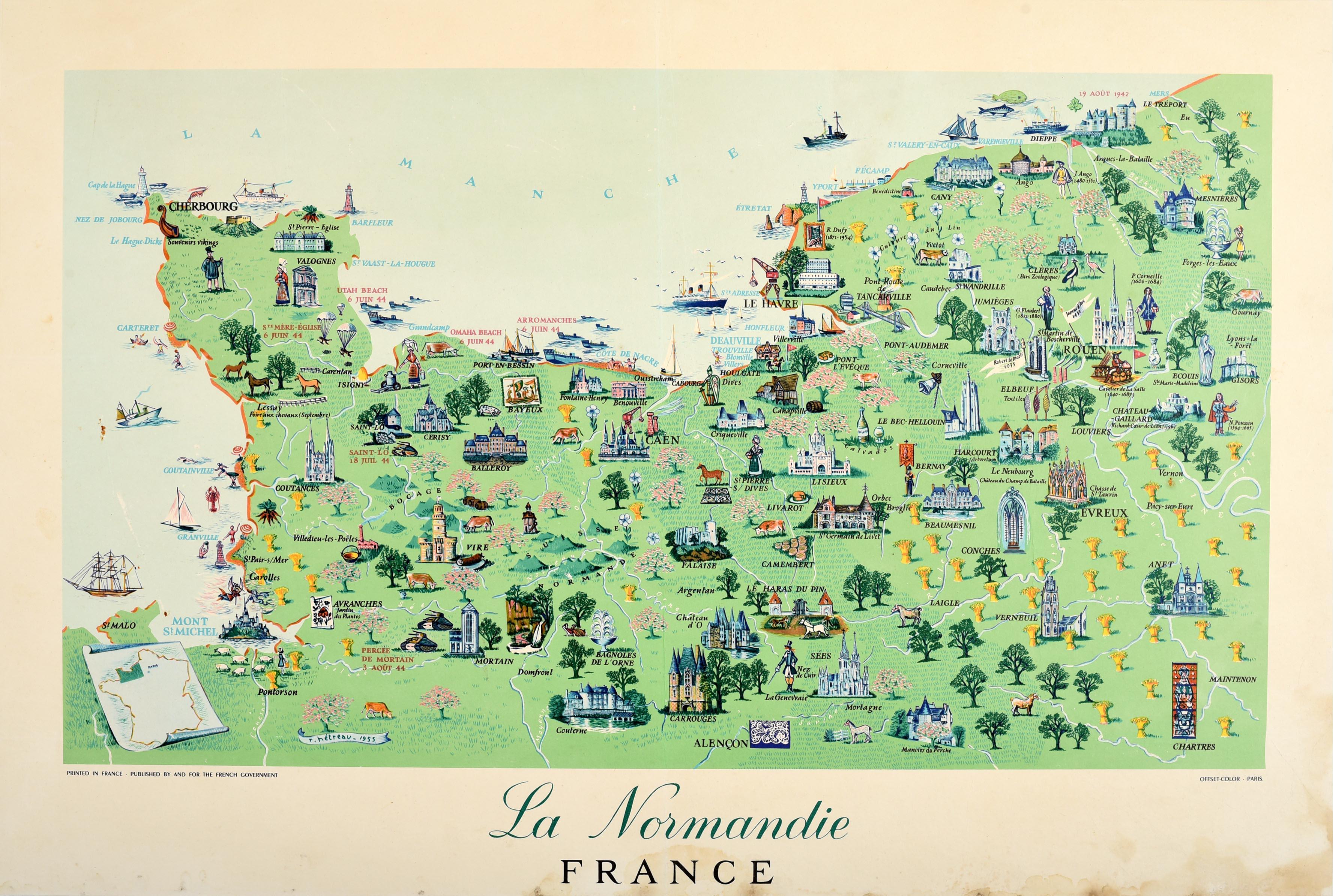 Unknown Print - Original Vintage Travel Poster For La Normandie France Normandy Illustrated Map