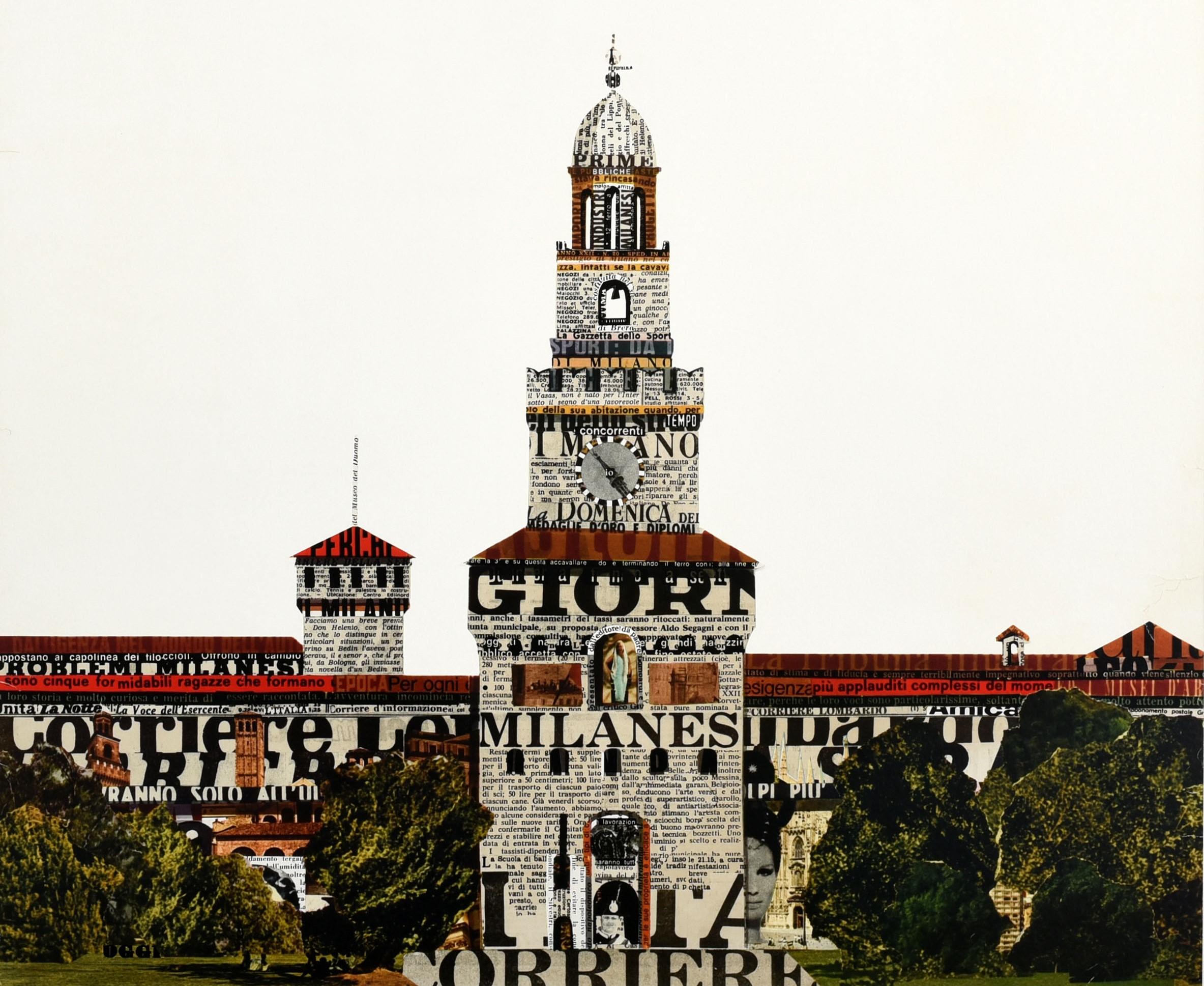 Cartel de viaje original de época para Milán Alitalia con un colorido diseño de collage de periódico que muestra el histórico Castello Sforzesco / Castillo Sforza con árboles y jardines frente a las murallas de la fortaleza y la torre central del