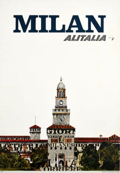 Original Vintage Cartel De Viaje Para Milan Italia Aerolinea Alitalia Diseño Collage
