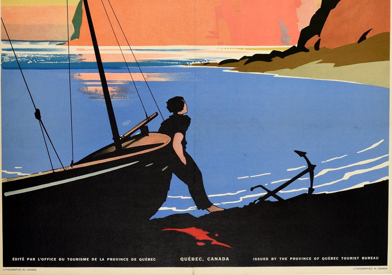 Original vintage travel poster for the Gaspe Peninsula / La Peninsule De Gaspe featuring a great illustration of a person leaning against a sailing boat anchored on a beach with seagulls flying overhead and colourful cliff edges across the calm sea