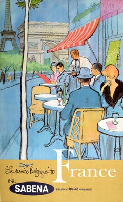 Original Retro Travel Poster France Sabena Belgian World Airlines Paris Cafe
