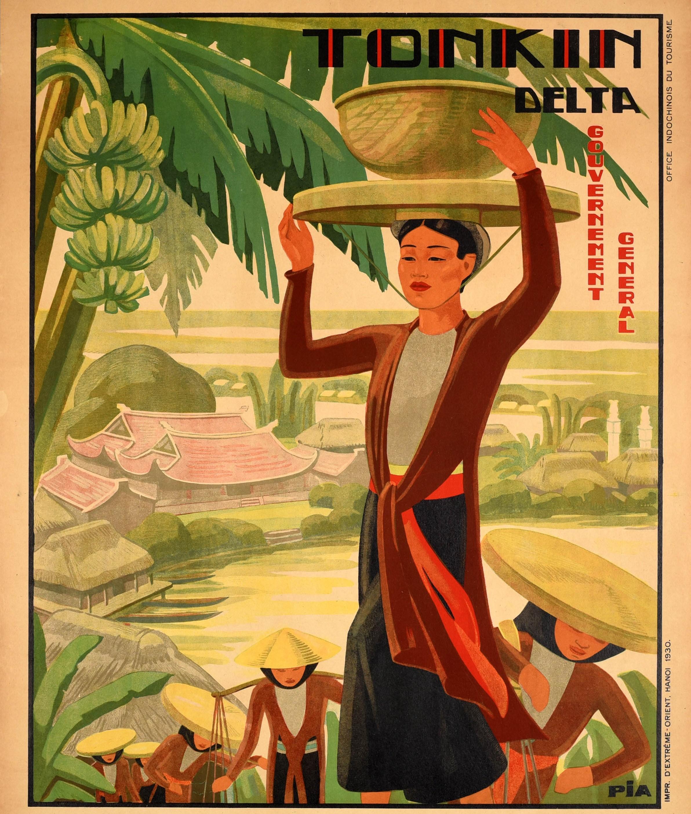 Original Vintage-Reiseplakat Französisch Indochina Tonkin Delta Indochine Francais (Braun), Print, von Unknown