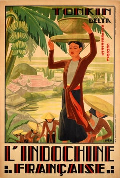 Original Vintage-Reiseplakat Französisch Indochina Tonkin Delta Indochine Francais