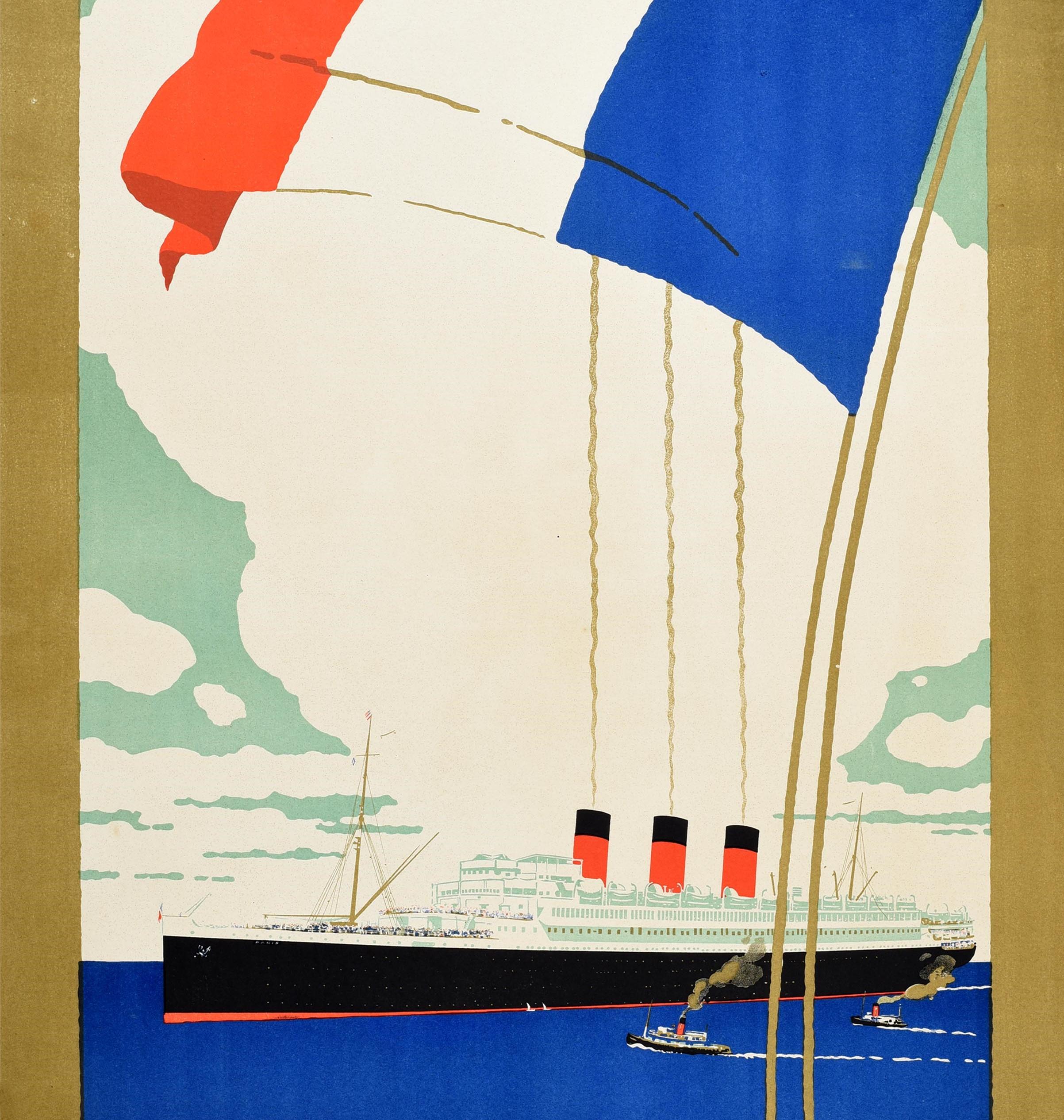 Original Vintage Travel Poster French Line Cruise Ship Plymouth New York Steamer - Art Deco Print by Unknown