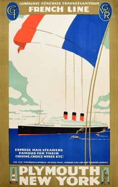 Affiche de voyage vintage d'origine French Line Cruise Ship Plymouth New York Steamer