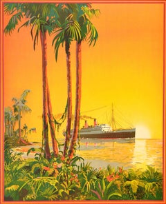 Original Vintage Travel Poster French Line Ocean Cruise Plymouth Panama Spain