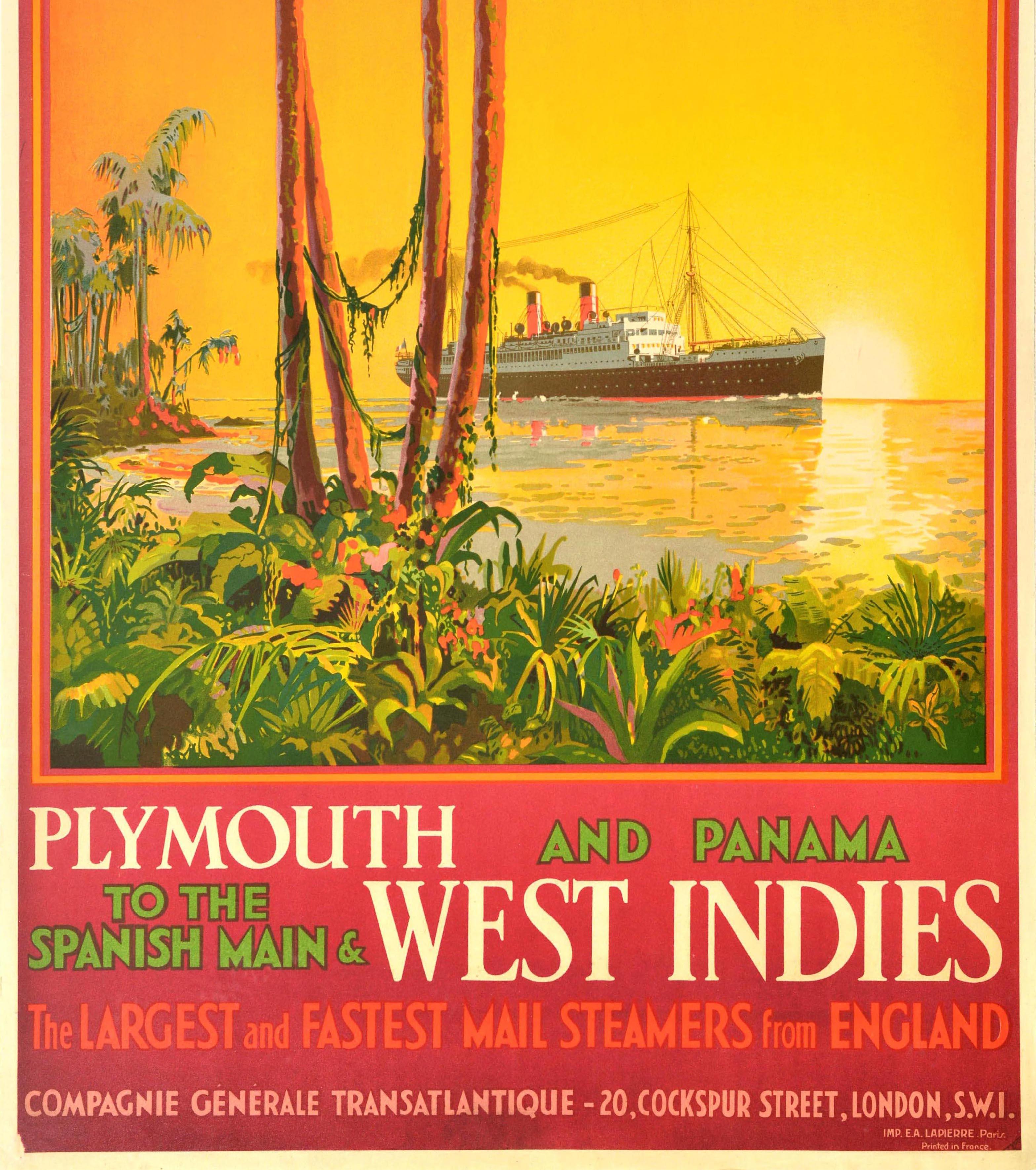 Poster originale d'epoca che pubblicizza Plymouth e Panama verso il continente spagnolo e le Indie Occidentali I più grandi e veloci piroscafi postali provenienti dall'Inghilterra della French Line (fondata nel 1861 - Compagnie Generale