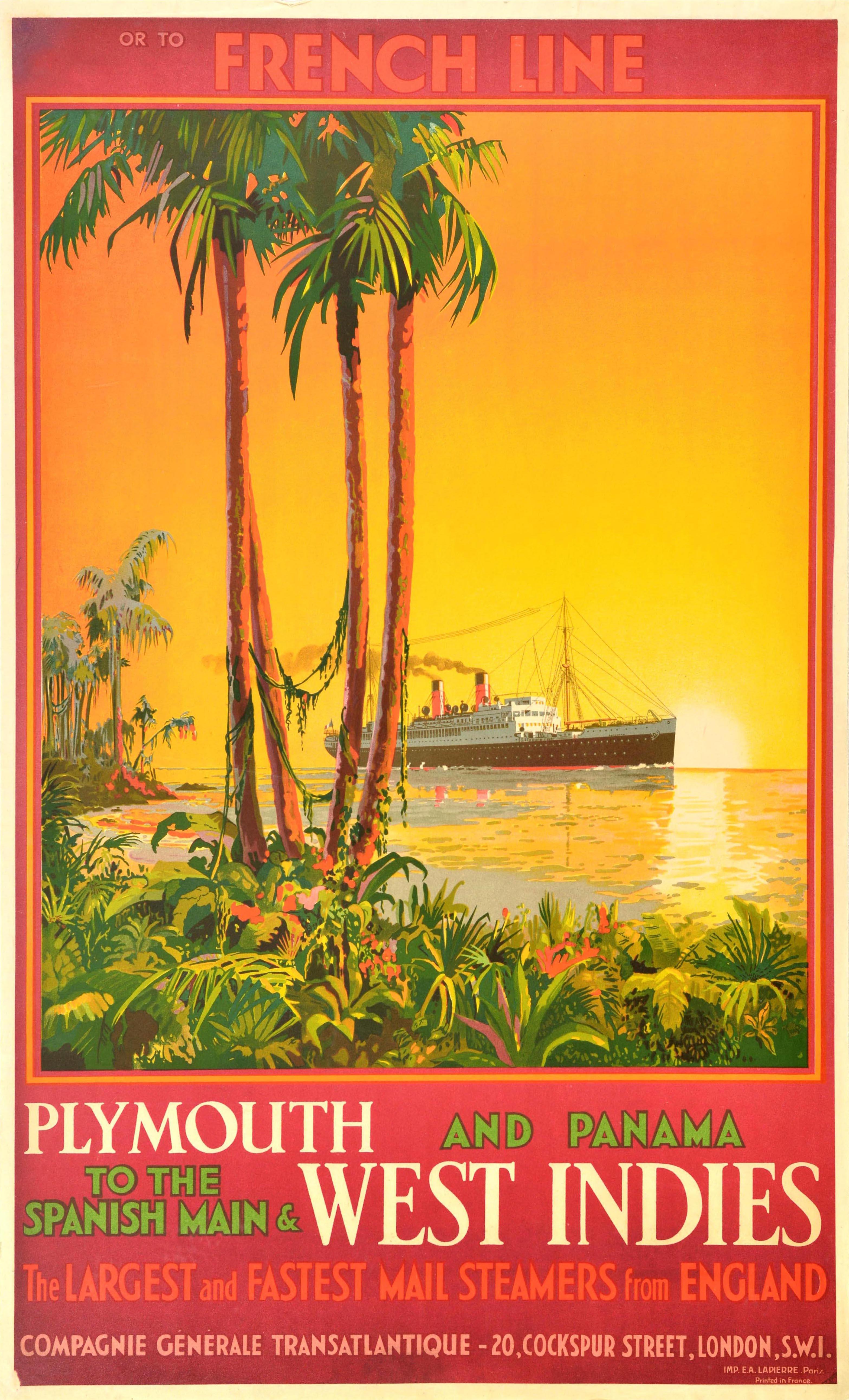 Print di Unknown - Poster di viaggio originale d'epoca Linea francese Crociera oceanica Plymouth Panama Spagna