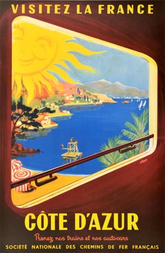 Affiche rétro originale de voyage Côte d'Azur SNCF Visit France