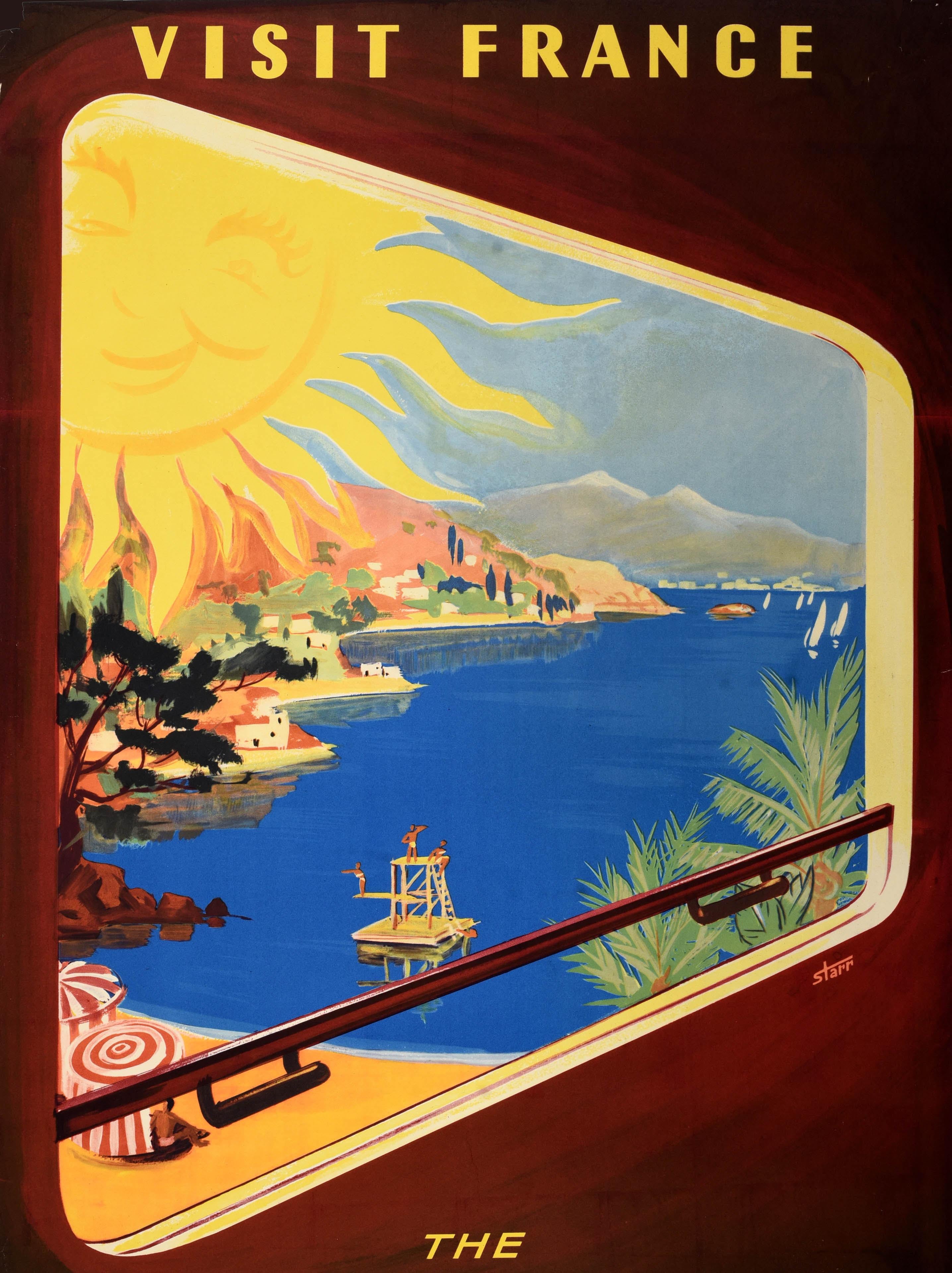 Original vintage SNCF railway travel poster for the Cote d'Azur - Visit France The French Riviera use the trains and motor coaches of the French National Railroads - featuring colourful artwork depicting a sandy beach with palm trees, people