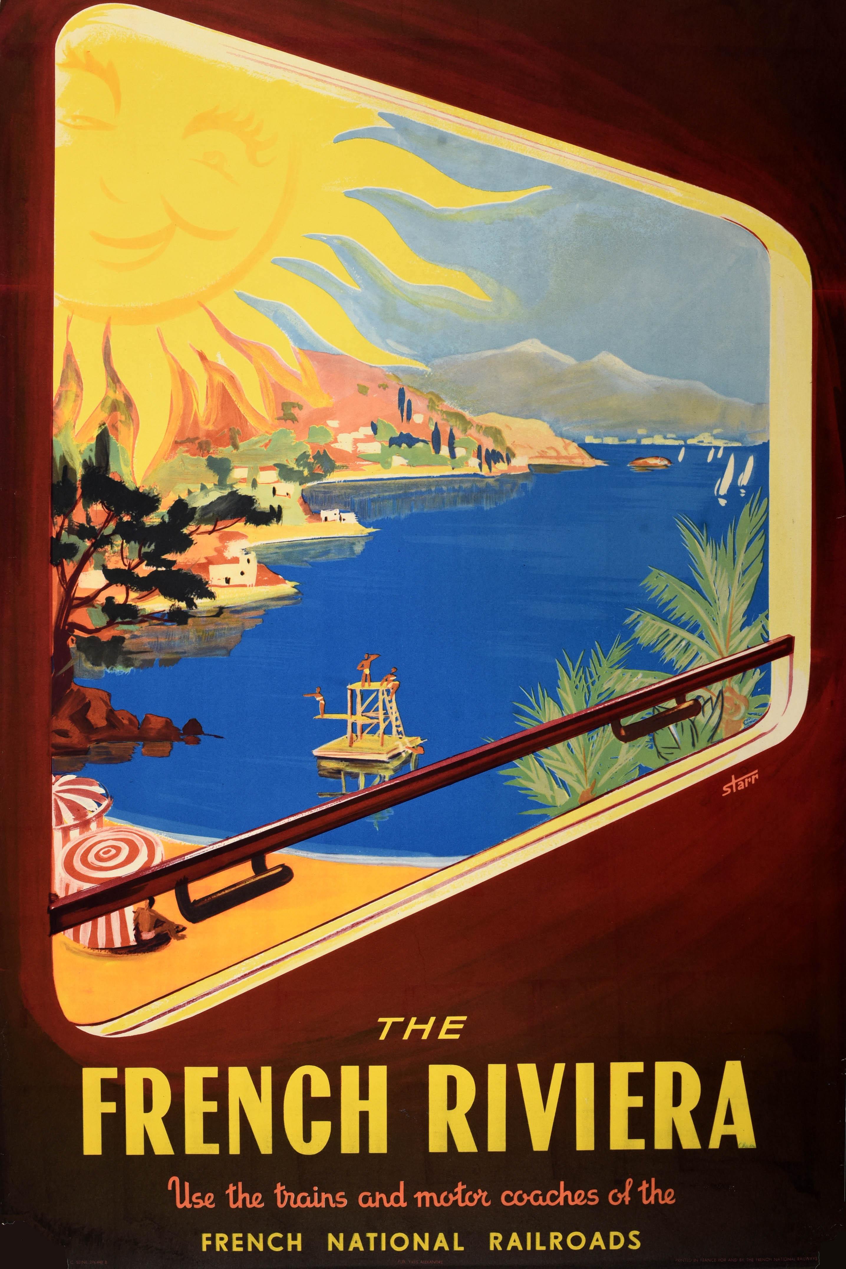 Original vintage SNCF railway travel poster for the Cote d'Azur - Visit France The French Riviera use the trains and motor coaches of the French National Railroads - featuring colourful artwork depicting a sandy beach with palm trees, people