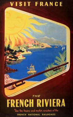 Original-Vintage-Reiseplakat Französische Riviera SNCF Besuch Frankreich Starr, Mitte des Jahrhunderts