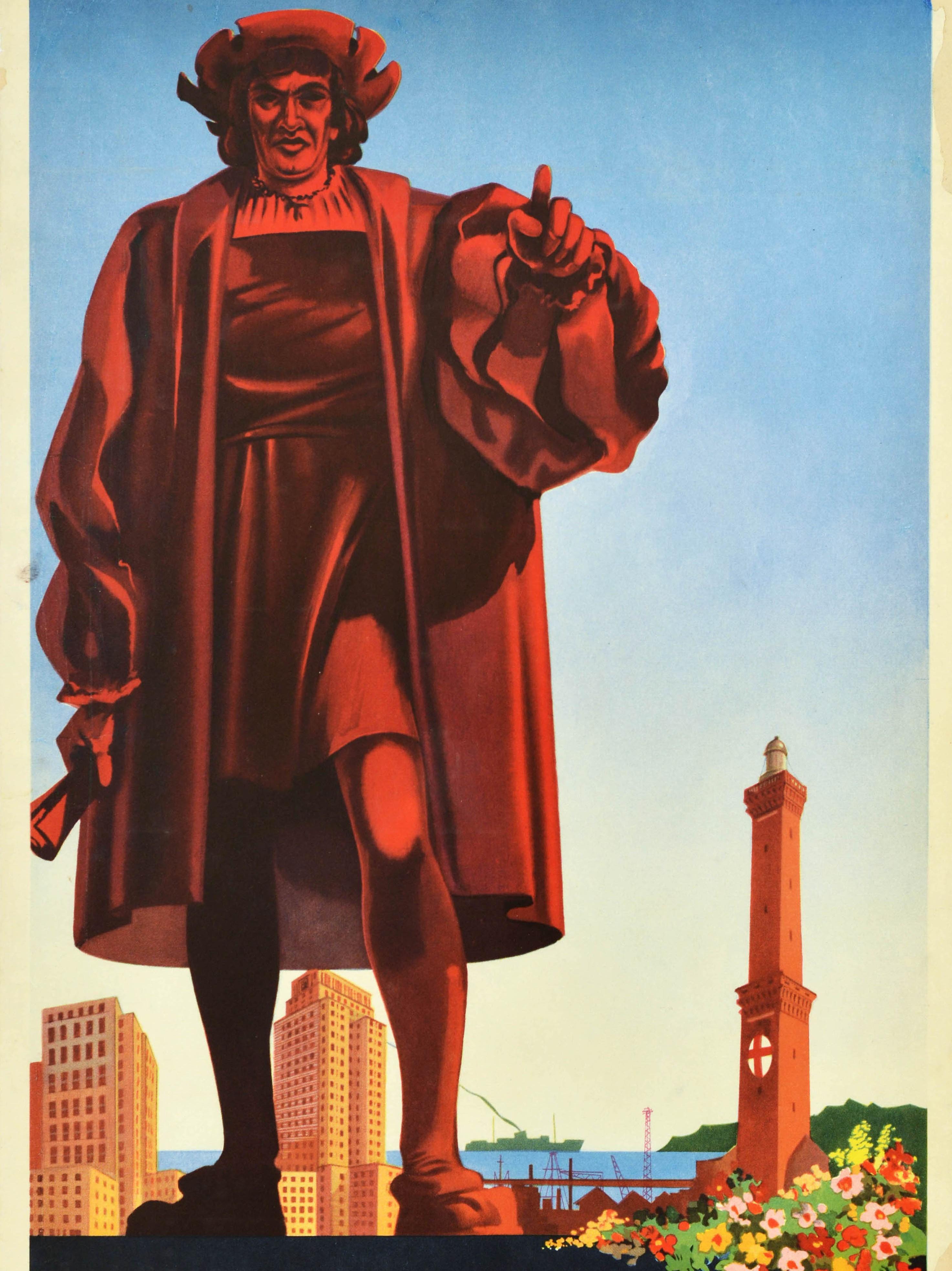 Original Vintage Travel Poster Genova Genoa Italy ENIT Tourism Italia Lighthouse - Gray Print by Unknown