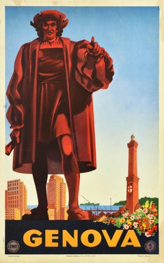 Original Vintage Travel Poster Genova Genoa Italy ENIT Tourism Italia Lighthouse