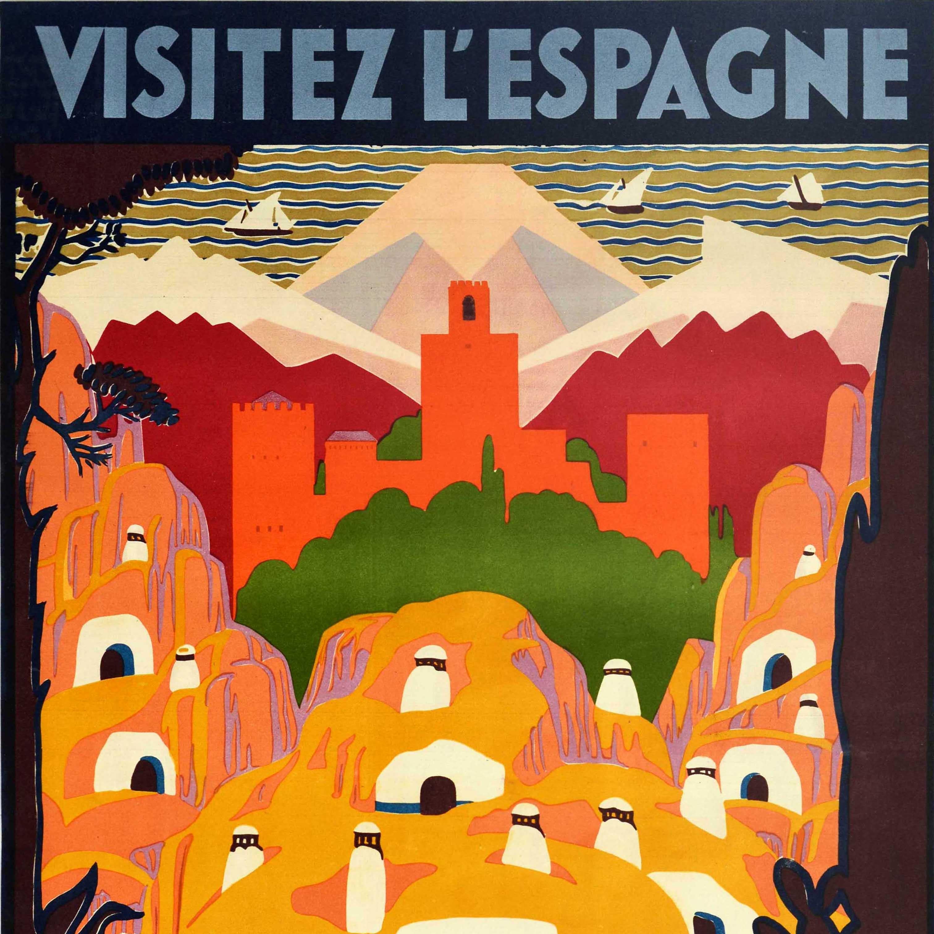 Poster di viaggio originale d'epoca Granada Visita Spagna PNT Alhambra Sierra Nevada - Print Marrone di Unknown