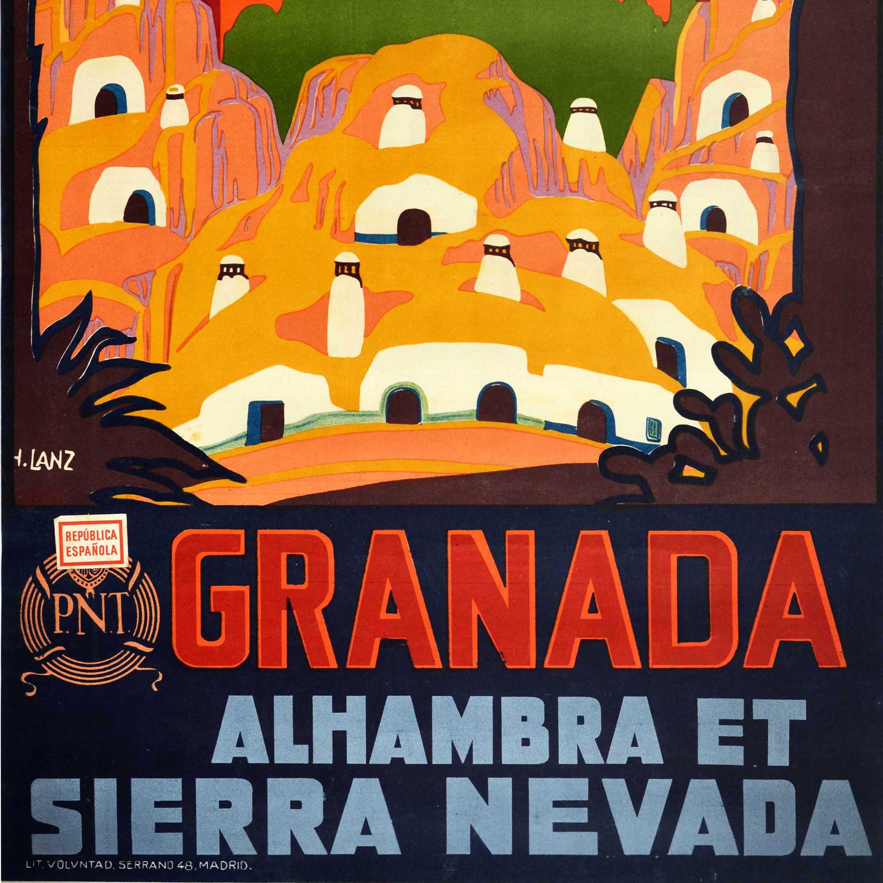 Poster di viaggio originale d'epoca - Visit Spain Granada Alhambra and Sierra Nevada / Visitez L'Espagne - che raffigura lo storico palazzo e la fortezza dell'Alhambra in rosso, circondato da alberi sulla collina di Sabika che sovrasta la pianura di