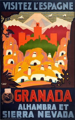 Poster di viaggio originale d'epoca Granada Visita Spagna PNT Alhambra Sierra Nevada
