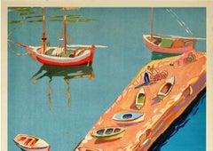 Original Vintage Travel Poster Greece Aegean Island Jetty View Sailing Boats Sea