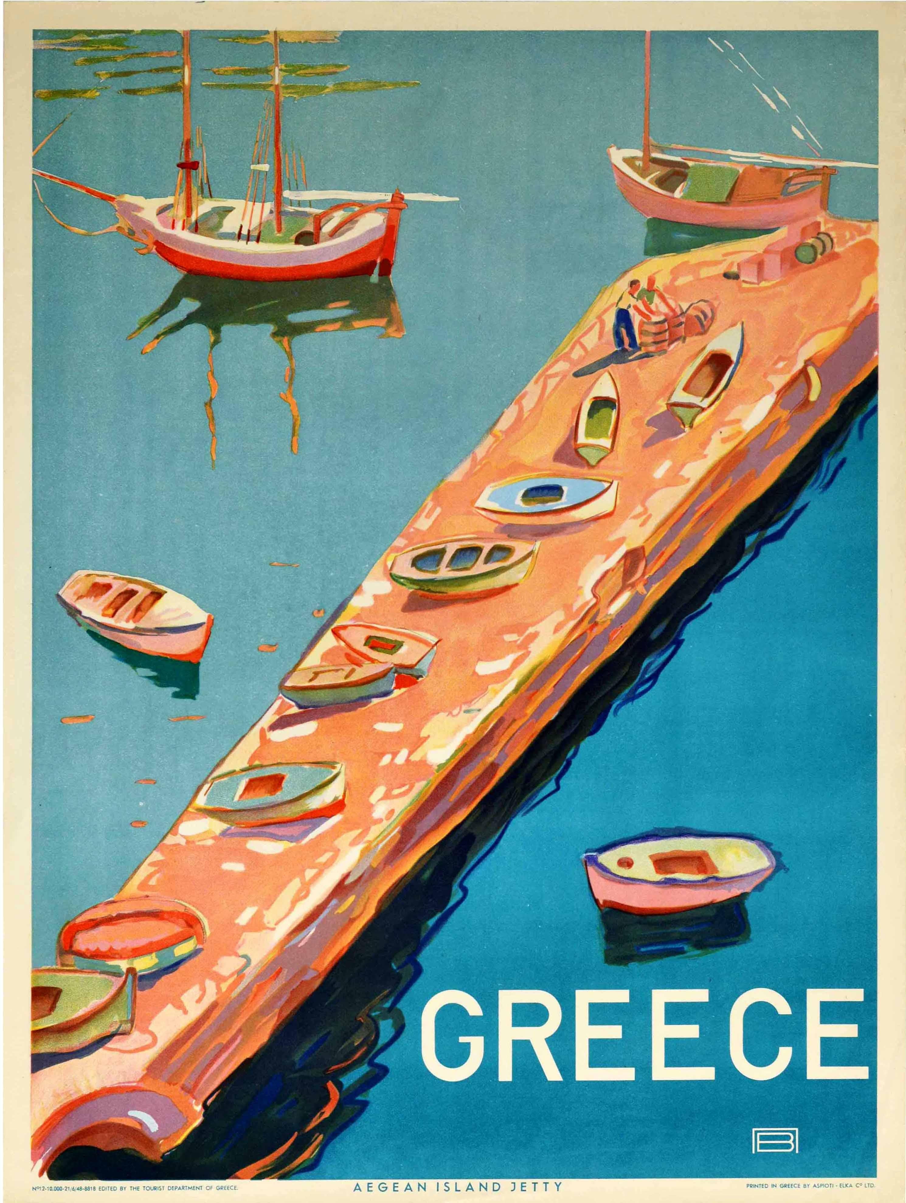 Unknown Print - Original Vintage Travel Poster Greece Aegean Island Jetty View Sailing Boats Sea