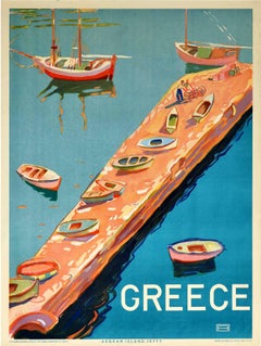 Original Vintage Travel Poster Greece Aegean Island Jetty View Sailing Boats Sea