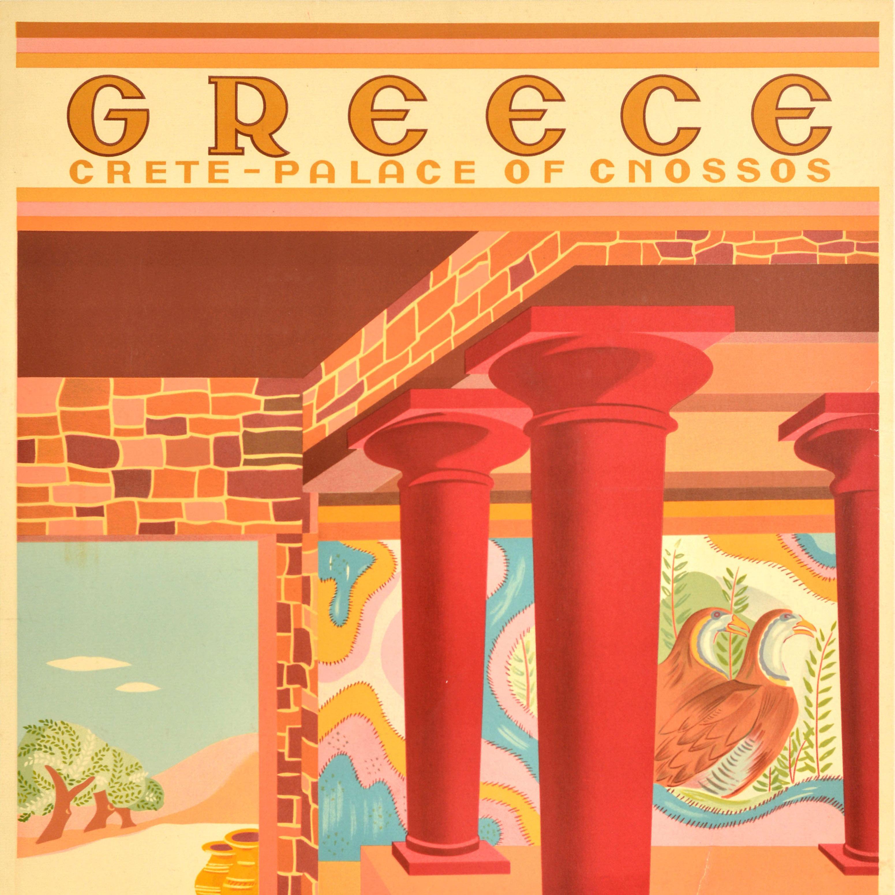 Original vintage cruise travel advertising poster - Greece Crete Palace of Cnossos on the Greek Line T.S.S. Olympia - featuring a colourful illustration of the ancient Minoan Palace of Knossos in Heraklion on the Mediterranean Sea island of Crete,