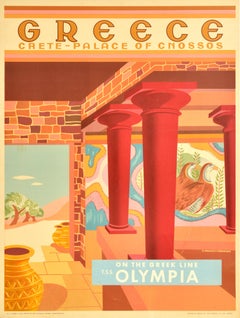 Original Retro Travel Poster Greece Crete Knossos Greek Line Olympia Cruise