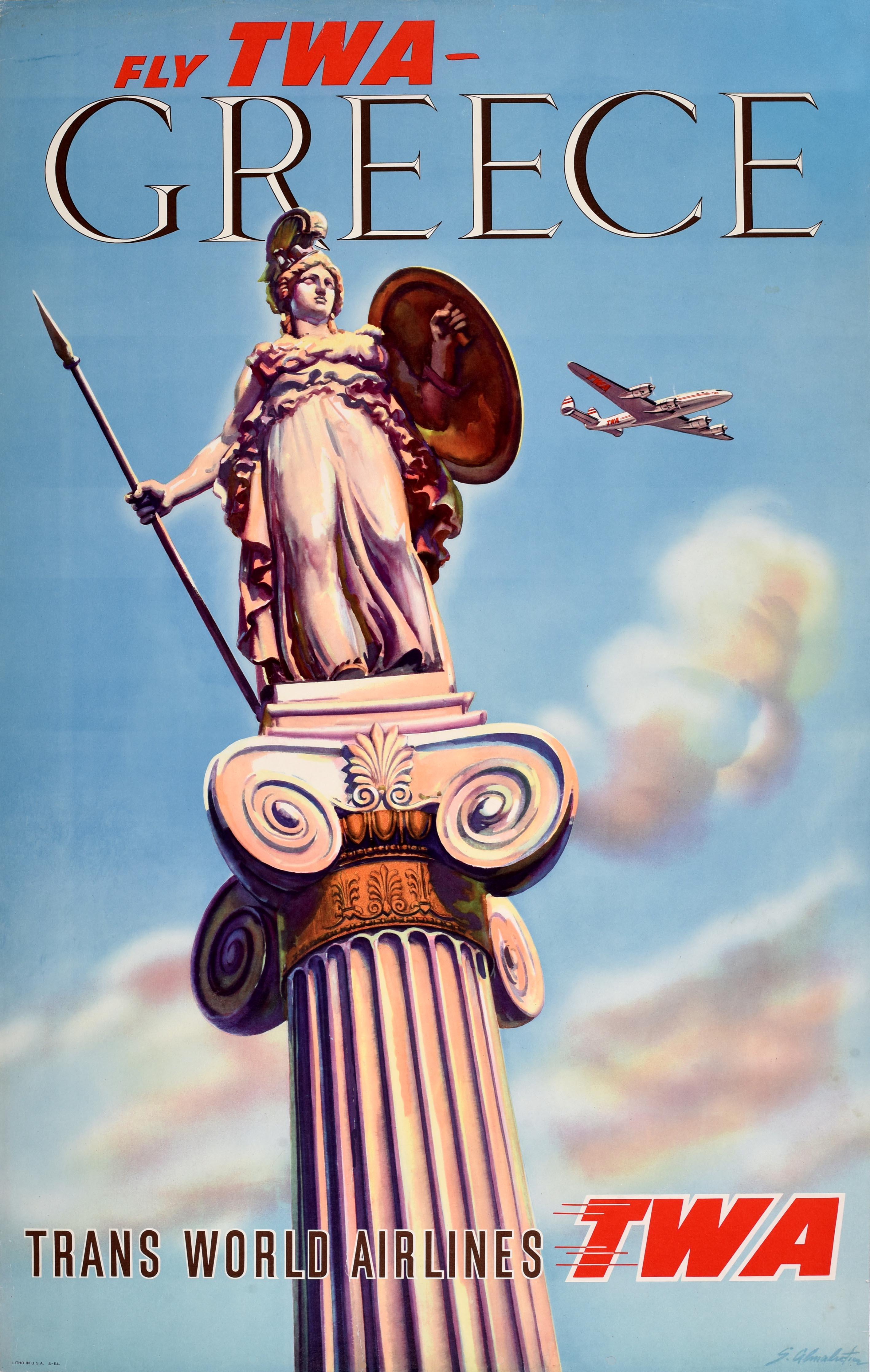 Unknown Print - Original Vintage Travel Poster Greece Fly TWA Airlines Lockheed Constellation