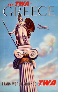 Affiche rétro originale de voyage Grèce Fly TWA Airlines Lockheed Constellation