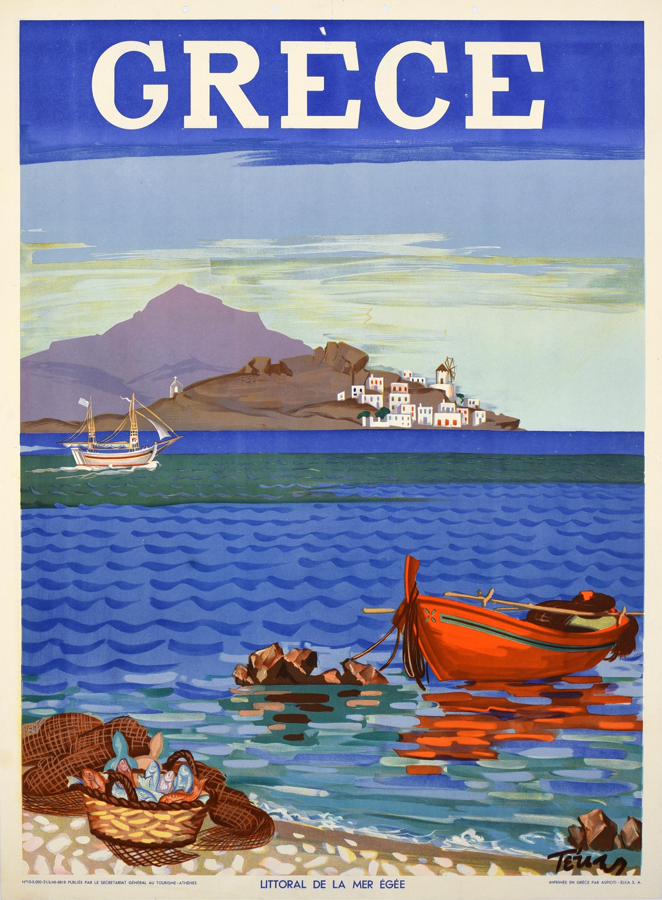 Original Vintage Travel Poster Greece Grece Aegean Coast Mediterranean Sea