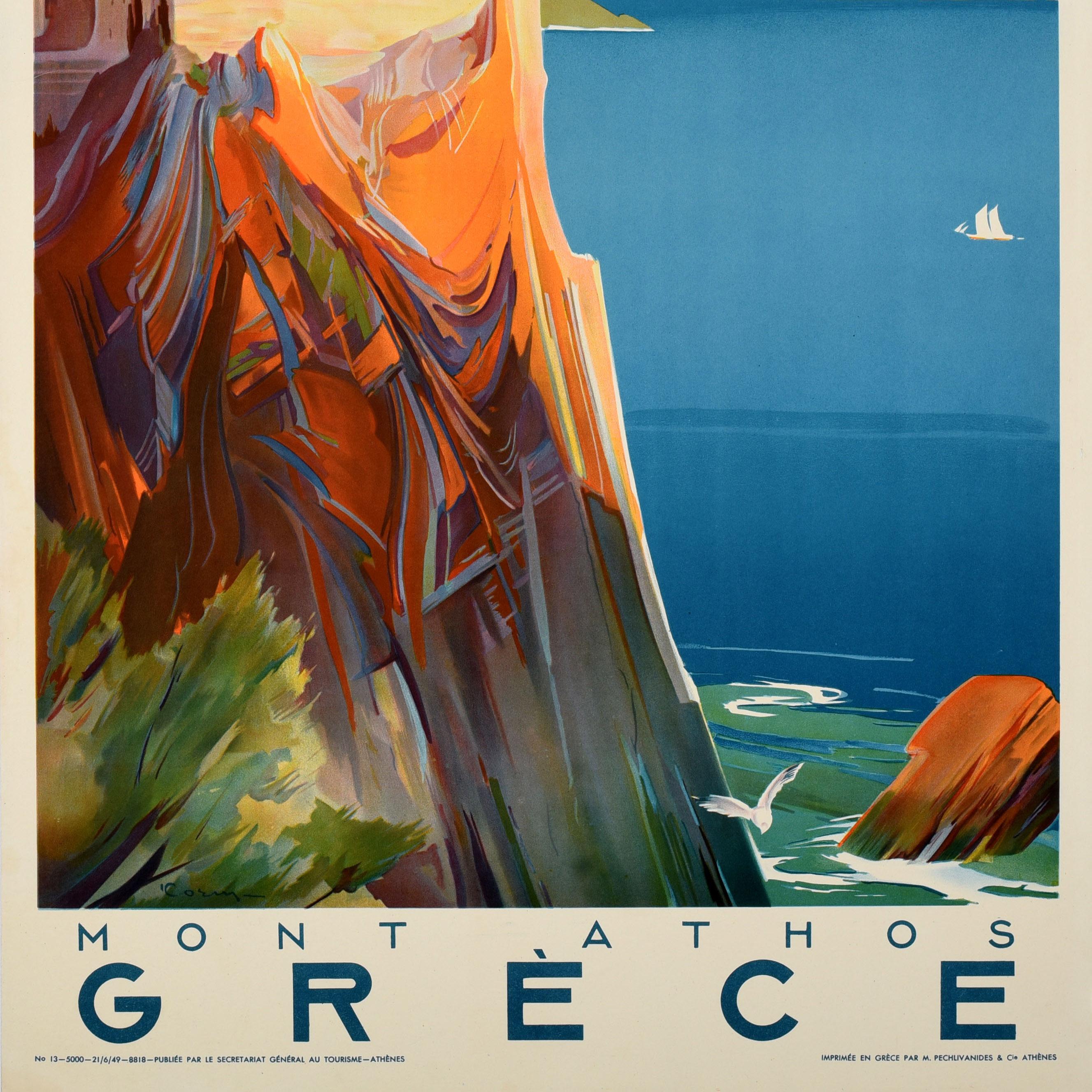 Original Vintage Travel Poster Greece Mount Athos Grece Simonopetra Monastery For Sale 1