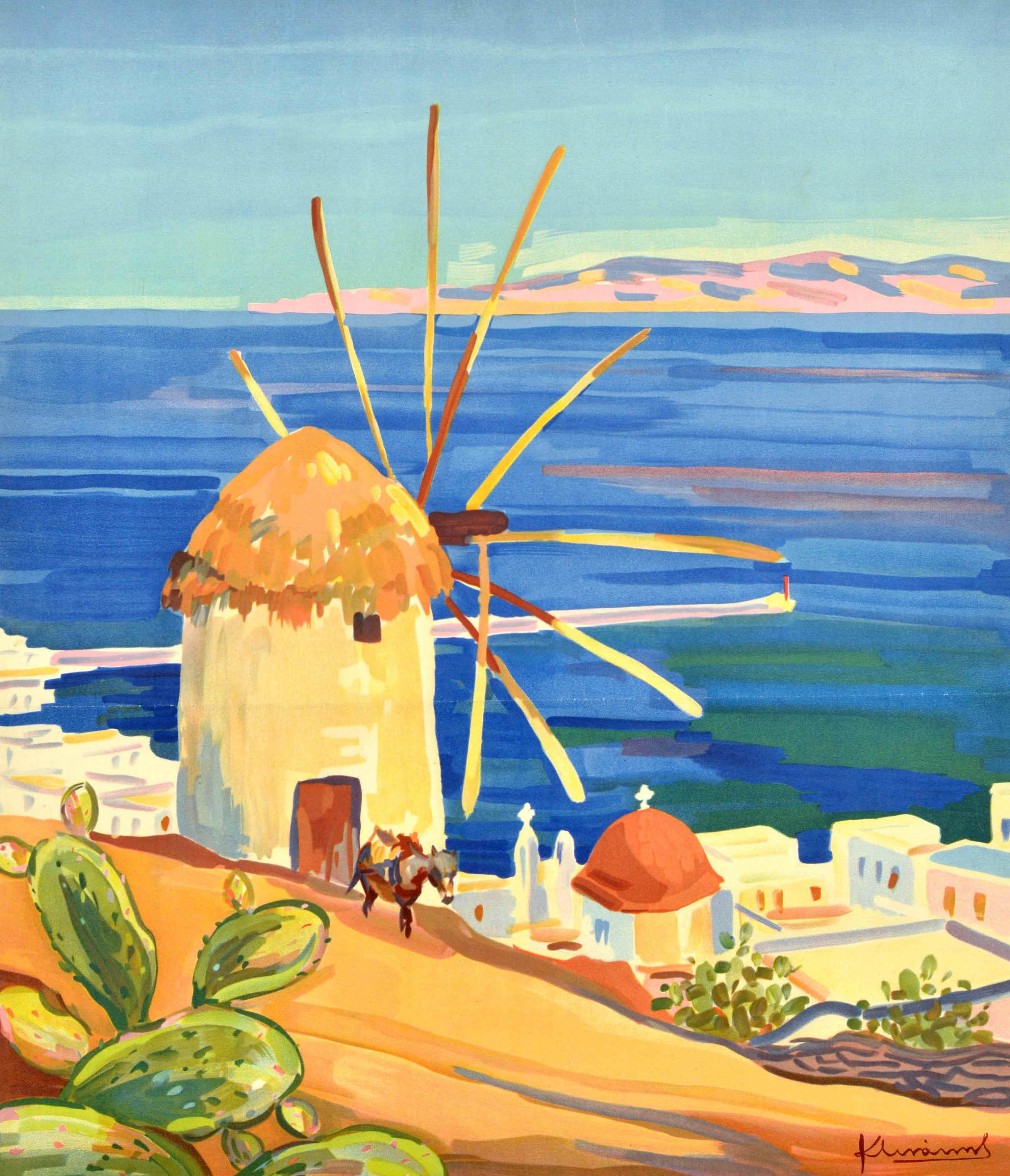 Affiche rétro originale de voyage Grèce Mykonos Island Kostas Linakis mer Égée - Print de Unknown