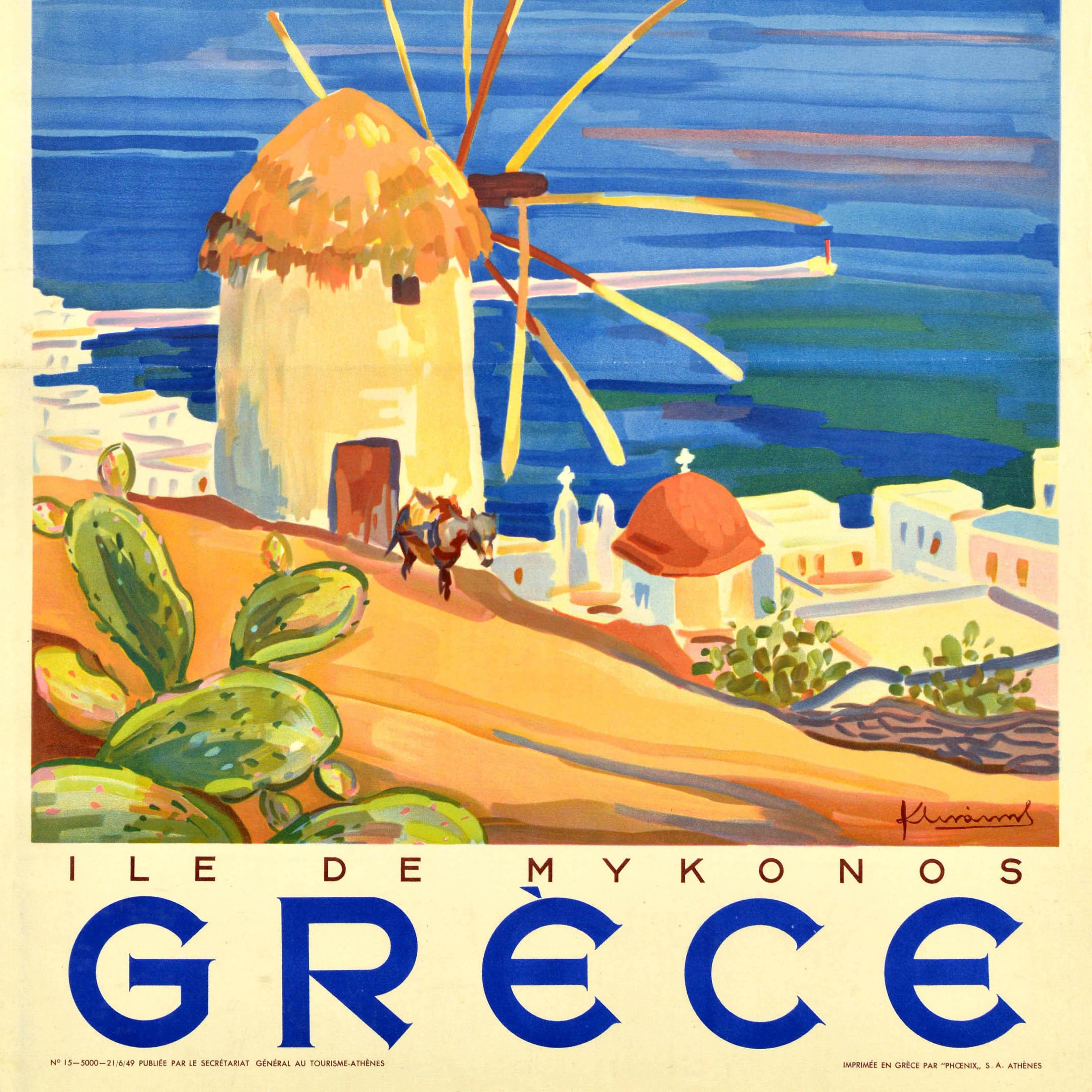 Affiche rétro originale de voyage Grèce Mykonos Island Kostas Linakis mer Égée 1